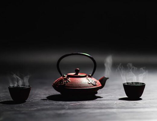 A teapot and two teacups